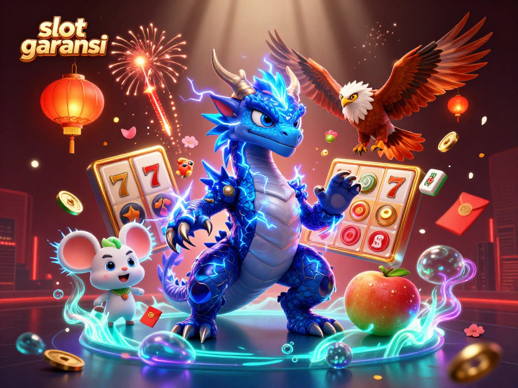 Play slots for guaranteed success with slot garansi in this vibrant 3D casino scene featuring dynamic characters.