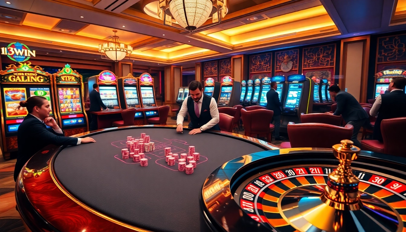 Exciting gaming scene at 13Win casino with vibrant poker table and digital machines.