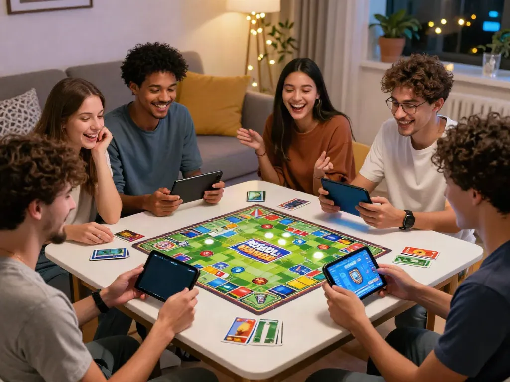 Friends enjoying a lively game of rumble rummy on their mobile devices in a cozy living room setting.