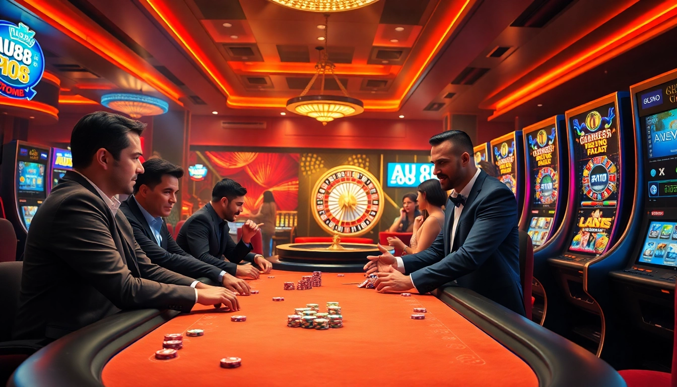 Exciting casino action at AU88 with poker players at the table and vibrant slot machines.