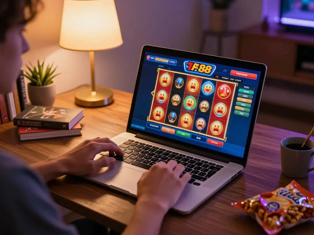 Play exciting games on slot88 resmi while enjoying a cozy home atmosphere with a player engaged on a laptop.