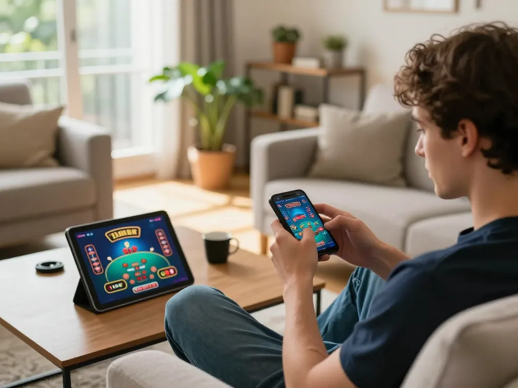 IIPA mobile gambling setup featuring a player focused on casino action on a smartphone while relaxing at home.