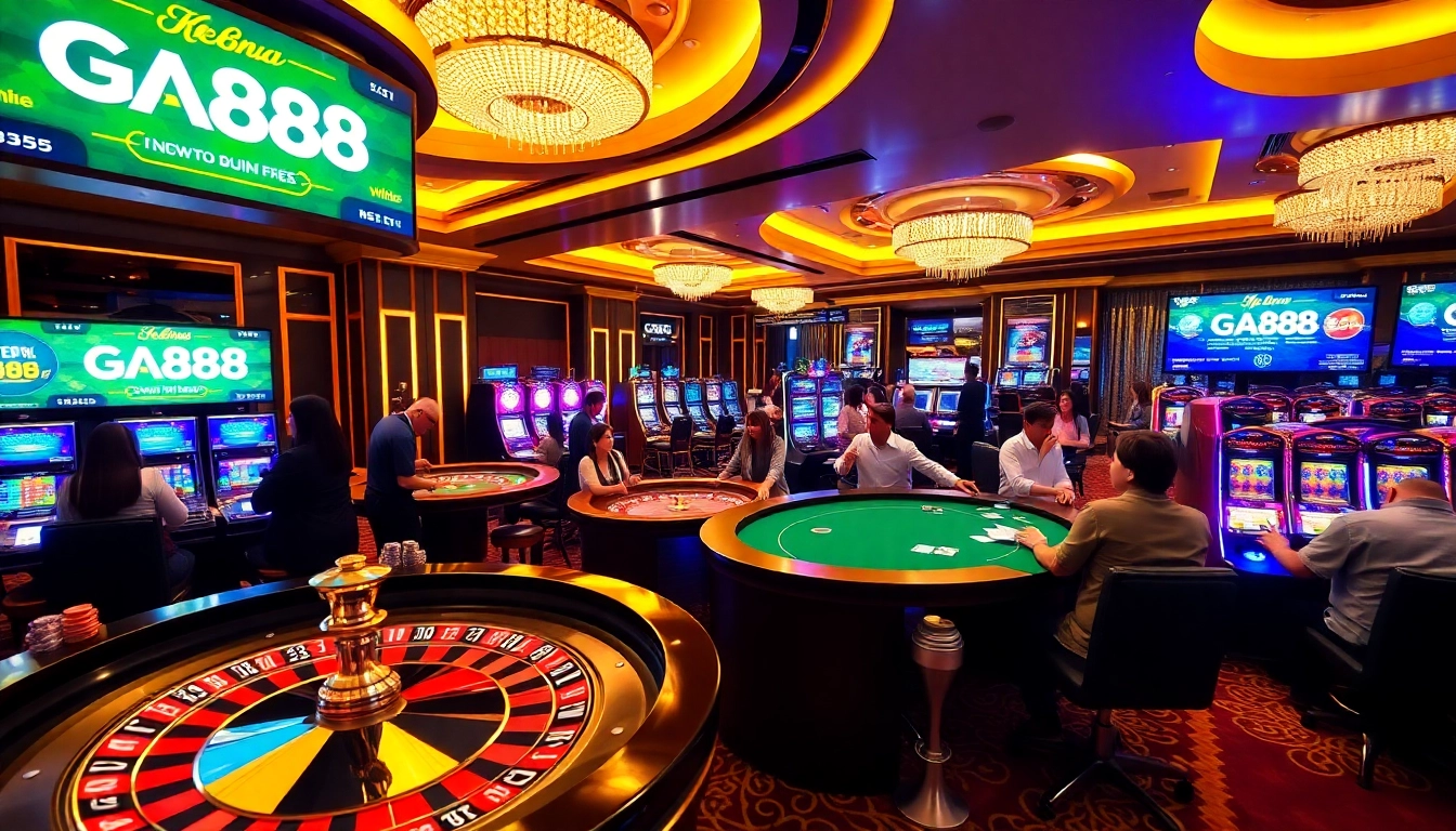 GA888 vibrant casino scene with players enjoying poker and slots in an exciting atmosphere.