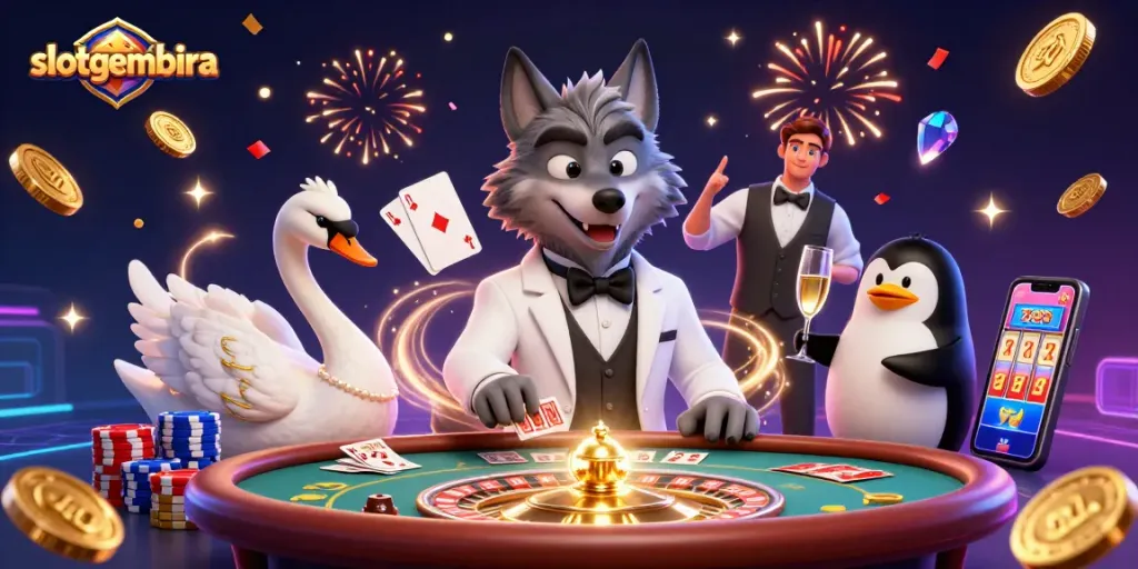Experience the thrill of slotgembira with lively characters celebrating wins at a dynamic casino scene.