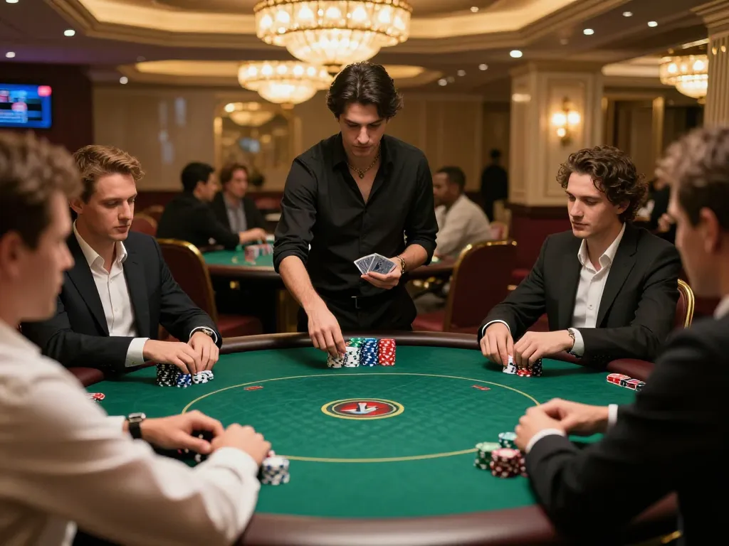 Participants strategizing at a high-stakes poker table in a luxury casino while playing tr88 cards.