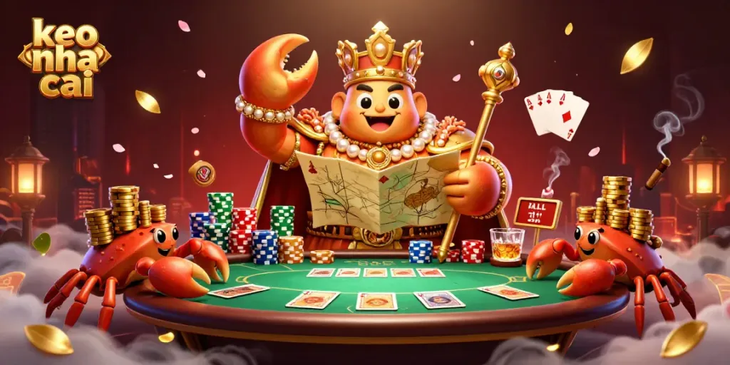 Experience the thrill of keo nha cai as a majestic crab emperor rules the gaming table adorned with poker elements.