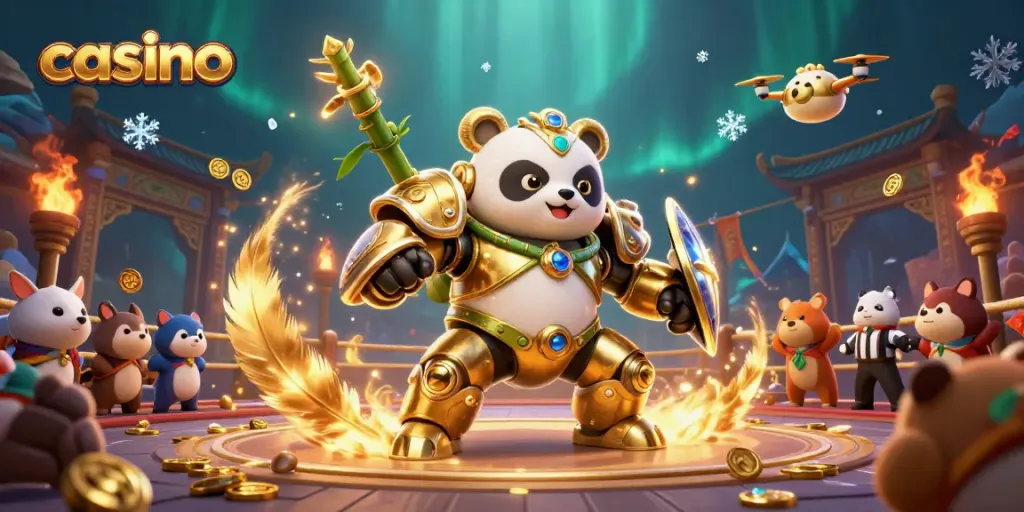 Engage in casino adventures with a mech-suit panda battling in a vibrant arena.