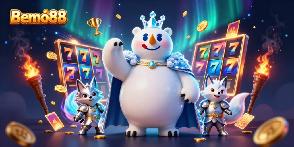 Bemo88 slot gaming illustration with vibrant characters and dynamic elements showcasing a casino theme.
