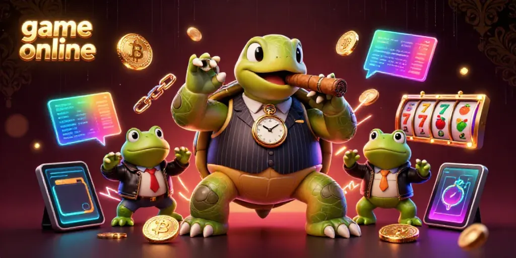 Experience thrilling game online action with casino-themed artwork featuring a vintage mobster turtle.