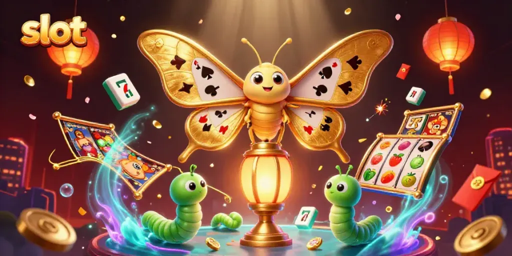 Engaging slot-themed illustration featuring golden-winged atlas moths and vibrant casino symbols.