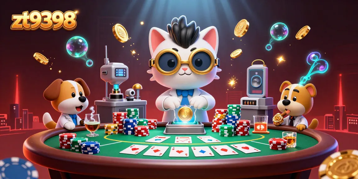 Engage with thrilling poker gameplay at ZT9398 with a mad scientist and dog duo creating excitement.