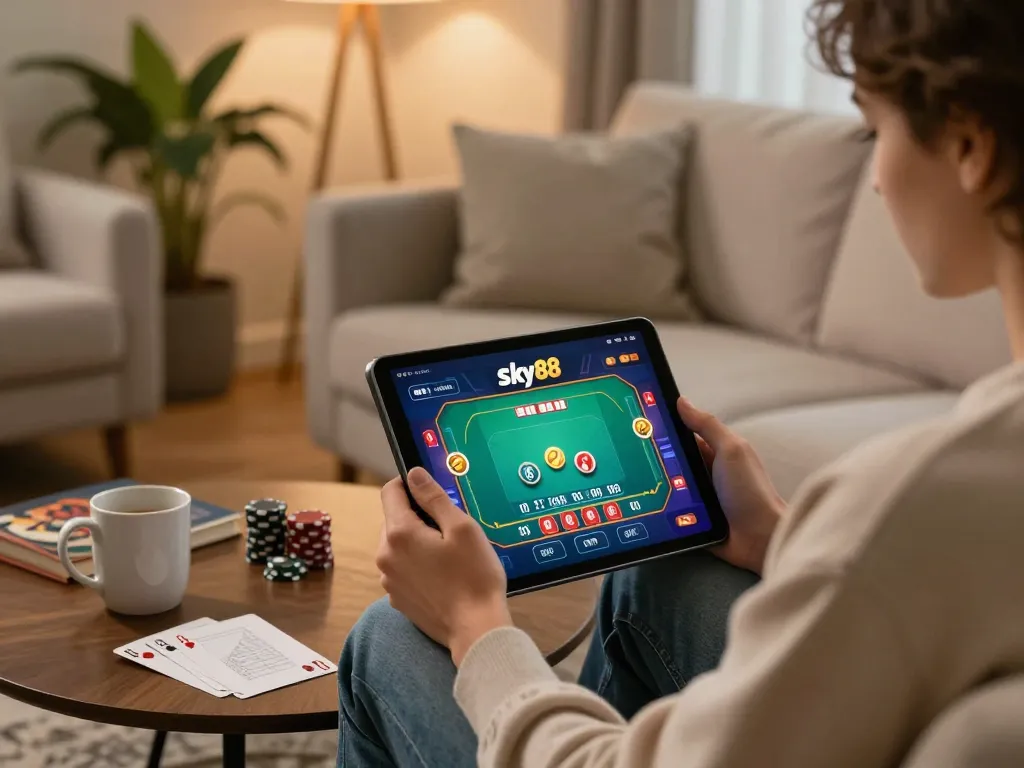 Engage with Sky88 online casino while enjoying strategic gameplay in a cozy home setup.