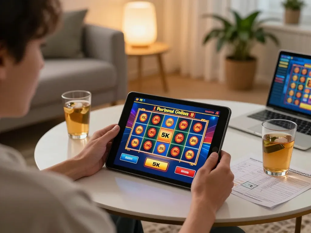 Player enjoying slot 5k game on tablet with notes in cozy home environment