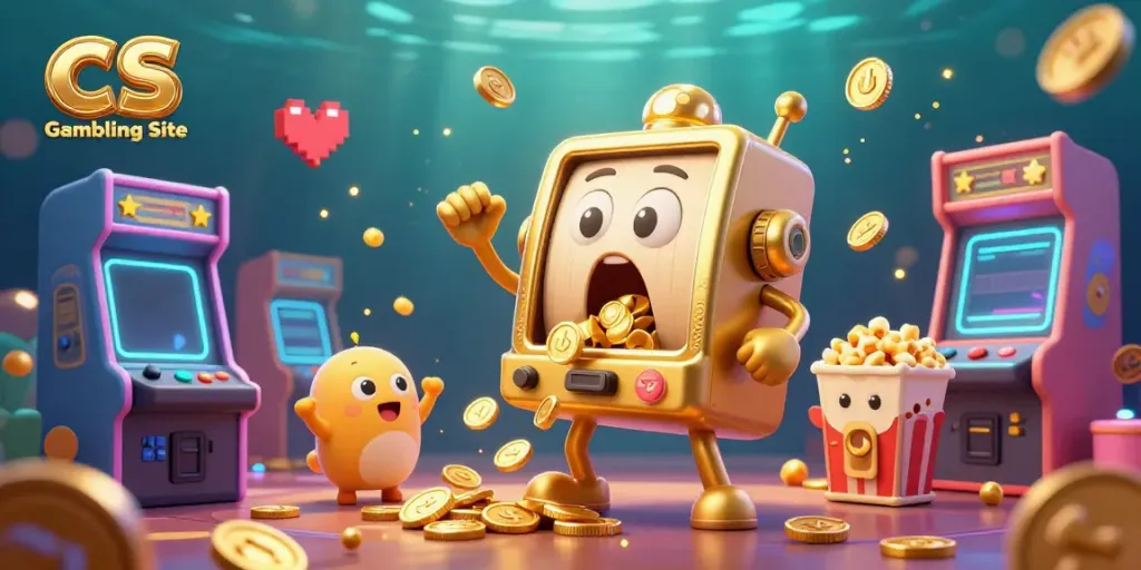 Experience thrilling action at the CS Gambling Site, where a golden slot machine hits the jackpot amid cheering mini slot machines.