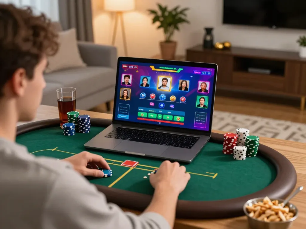 Lemacau player enjoying an online poker game on a sleek laptop in a cozy home setting, emphasizing strategic gameplay