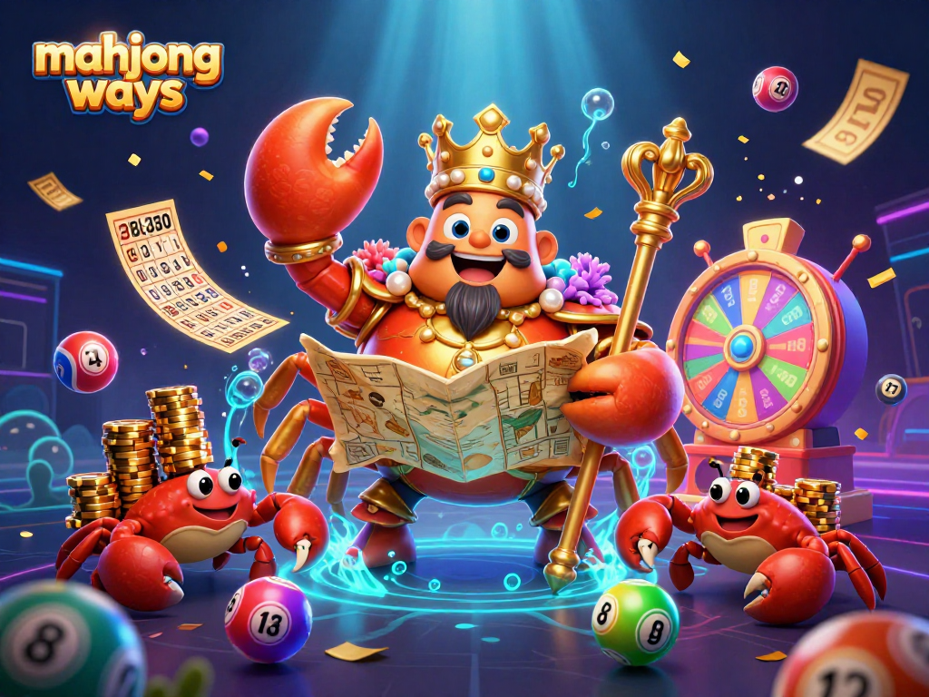 Engage in thrilling mahjong ways with a cartoon crab emperor amidst a vibrant gambling scene.