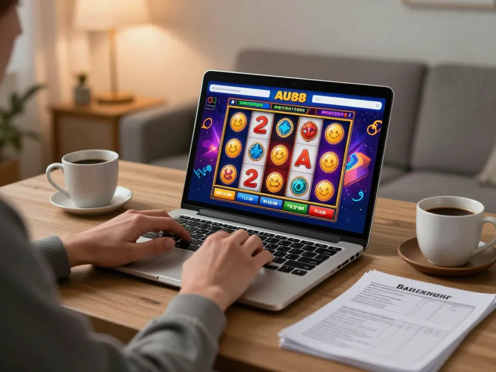 Player engaging in AU88 online slot games on laptop in cozy home setting