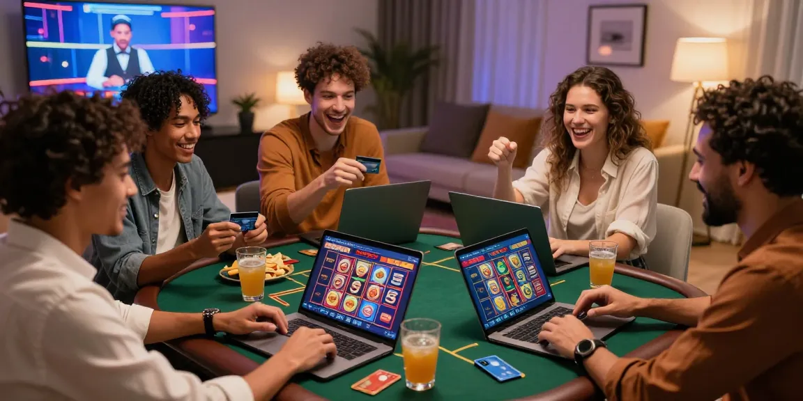 Engaging gaming night at scoarch.org.uk's credit card casinos with friends enjoying slots and card games.