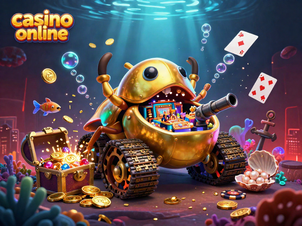 Experience the thrill of casino online with a massive golden beetle tank revealing a miniature casino.