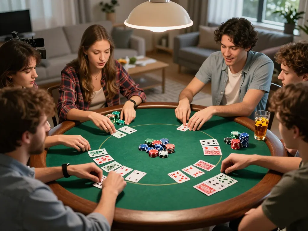 Teman-teman yang merencanakan strategi dan bermain poker saat malam permainan dengan kartu dan chip bertema starplay88.