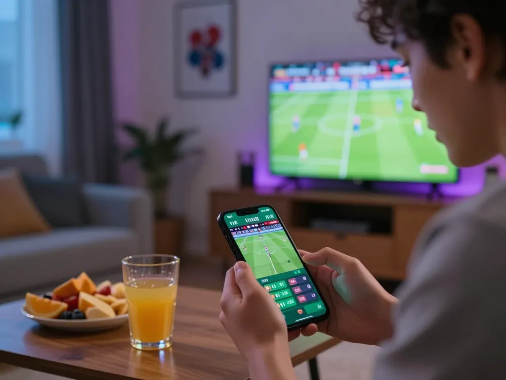 Person placing bets on FB88 using smartphone, live football odds displayed on screen, home setting.