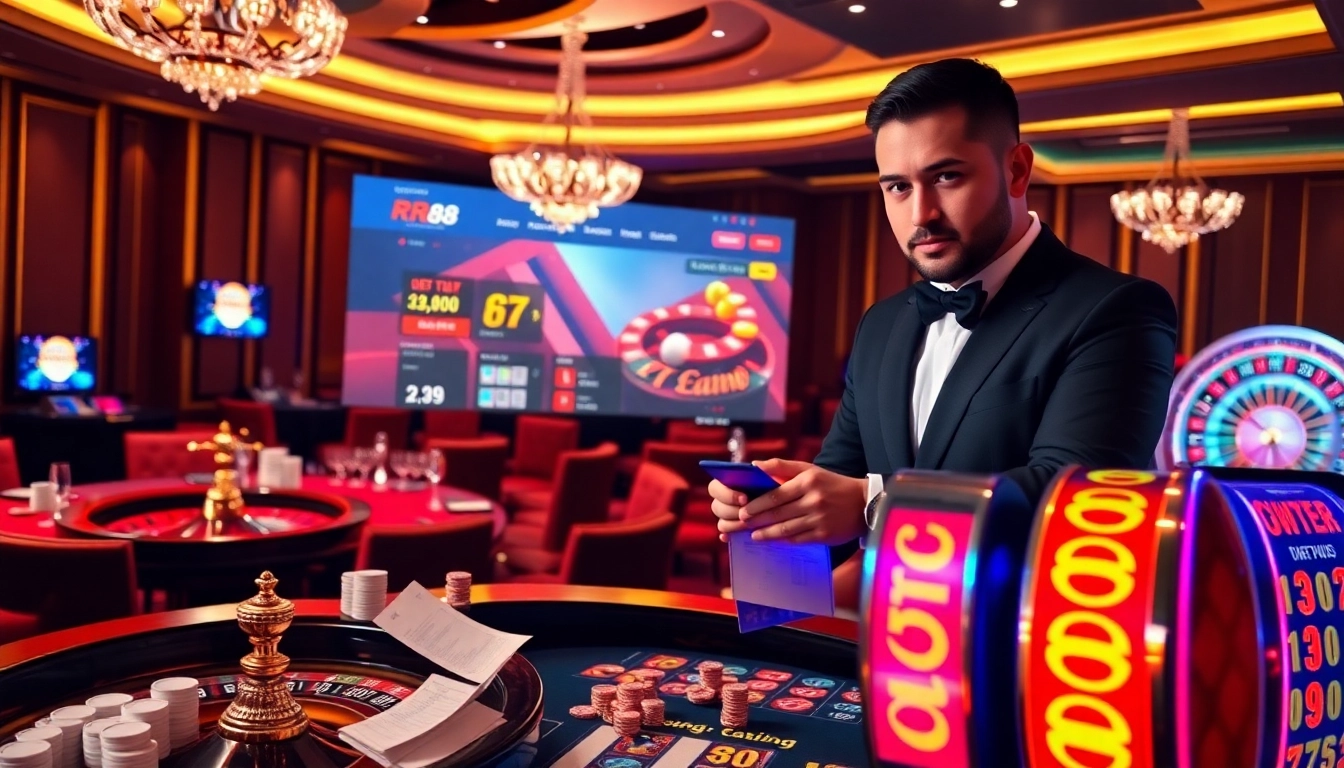 A dynamic scene at Trang chủ RR88, featuring vibrant casino tables, chips, and a roulette wheel, emphasizing excitement in online gambling.