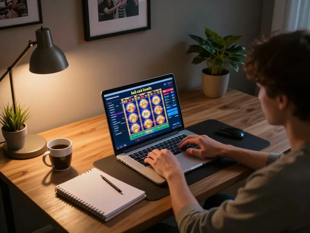 Person playing on nhà cái kuwin online casino, with colorful game interface and warm atmosphere.