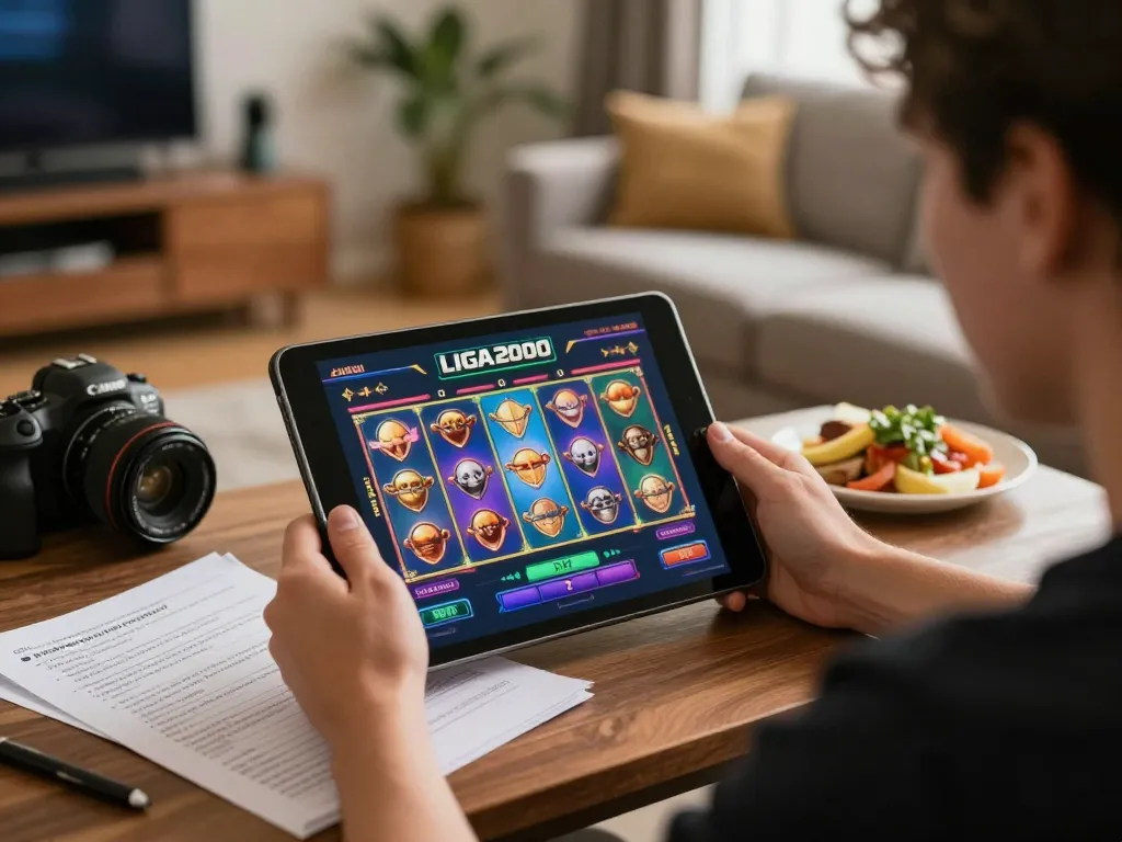 LIGA2000 slots gaming experience from home, showcasing vibrant tablet display and engaging atmosphere