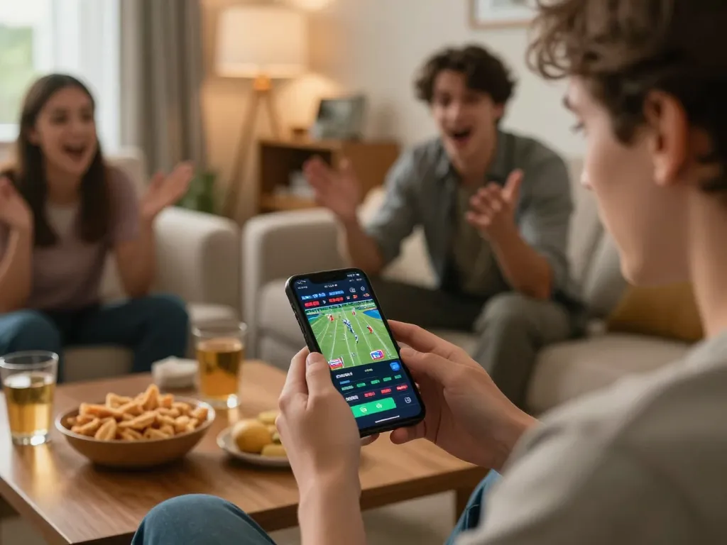 Engaging in live betting on sports with goal 123 in a cozy home setup, showcasing excitement and interaction.