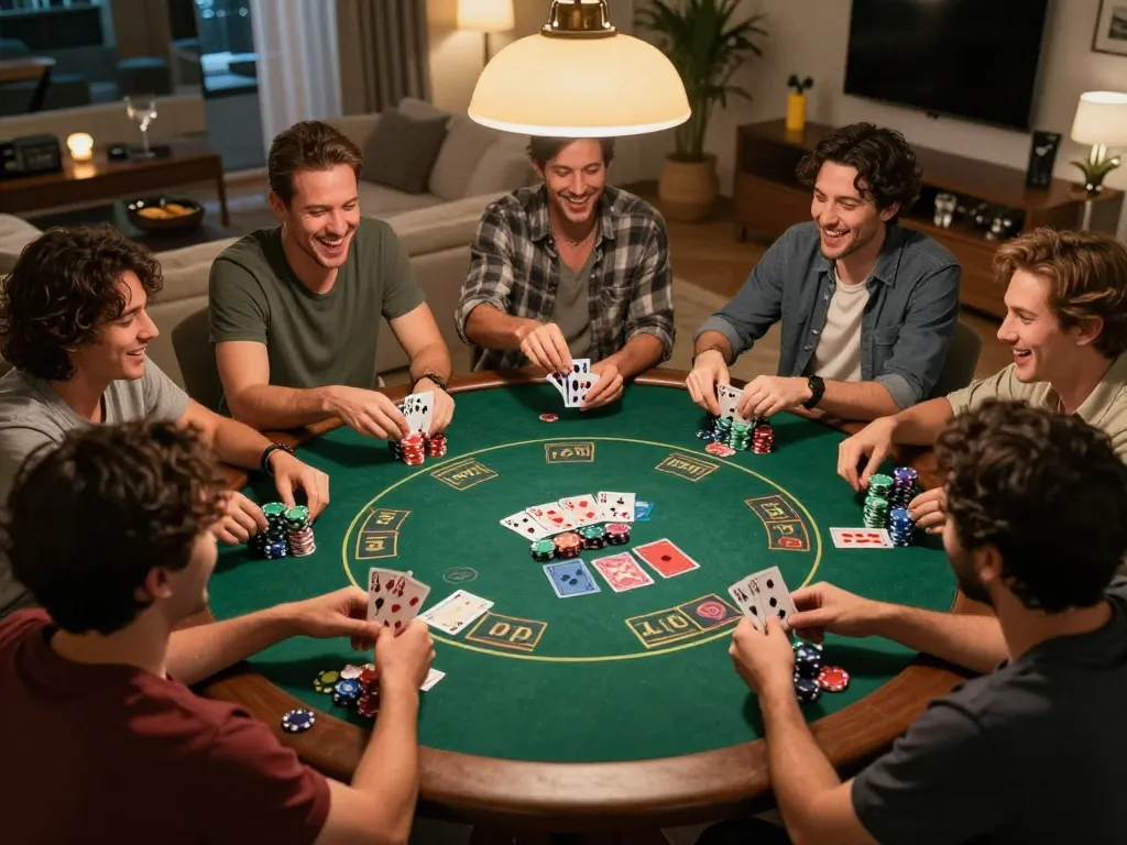 Friends enjoying a lively poker game at home while exploring online USA casinos for fun.