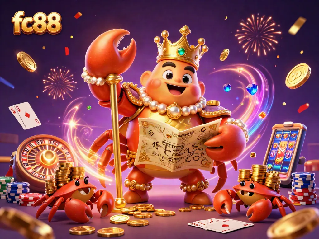 Engage in vibrant casino fun with fc88, featuring a golden crab emperor surrounded by treasures and excitement.