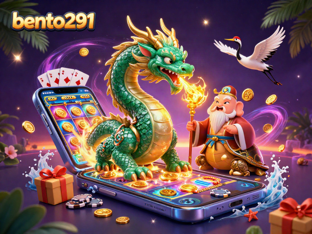 Experience the thrilling world of bento291 with a vibrant 3D casino scene featuring dragons and luck symbols.