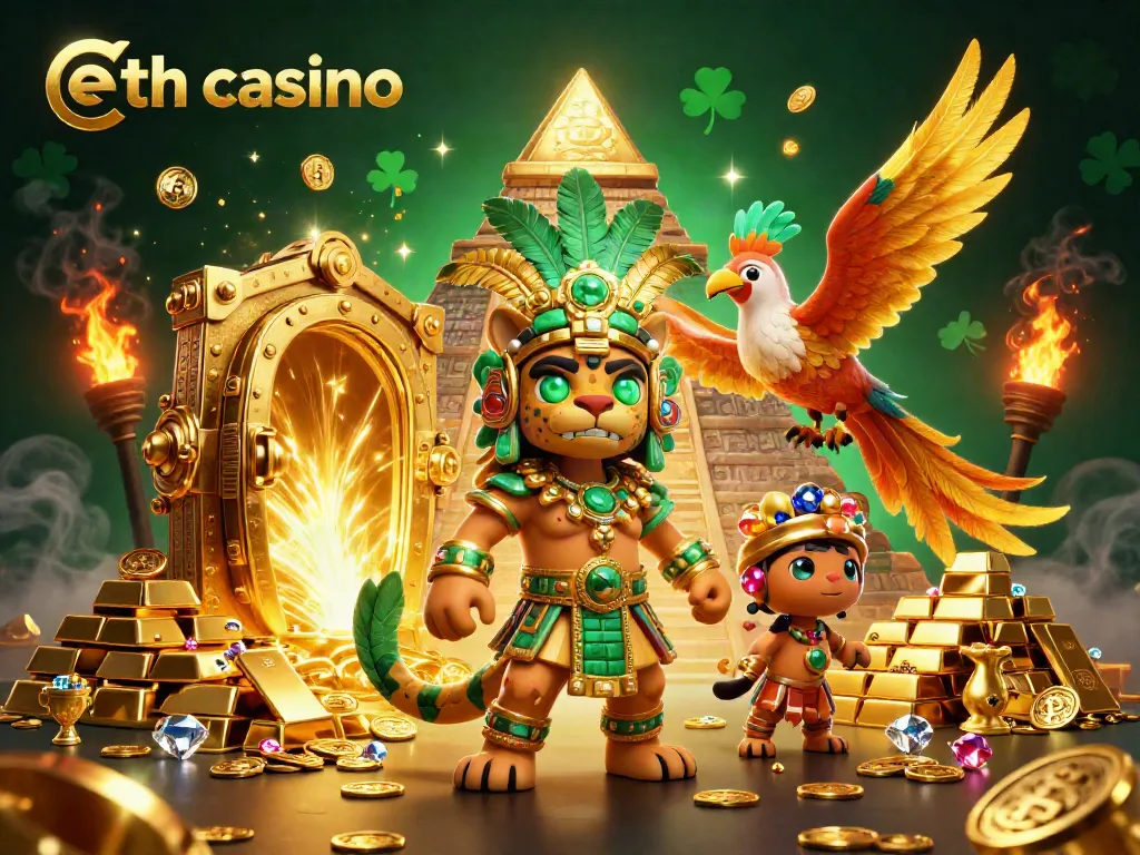 Engage with the eth casino experience featuring vibrant 3D elements, including historic symbols and cryptocurrencies.