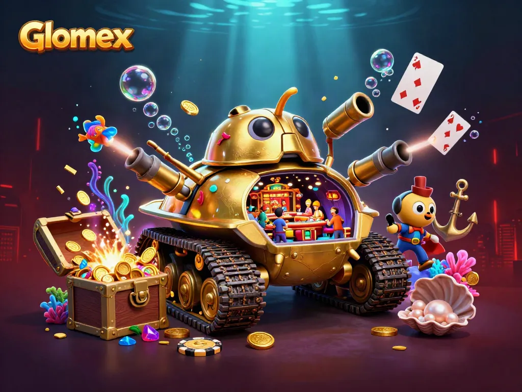 Engage with Glomex's mini casino adventure featuring a golden beetle tank amidst underwater treasures.