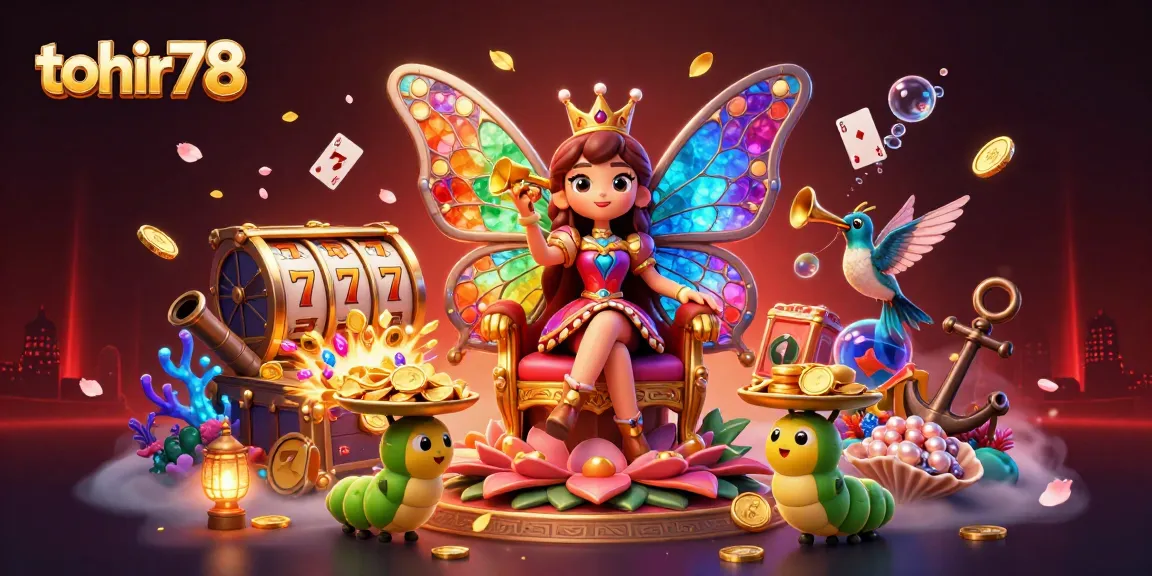 Permainan slot gacor tohir78 dengan ilustrasi ratu kupu-kupu 3D dikelilingi chip emas dan simbol judi.