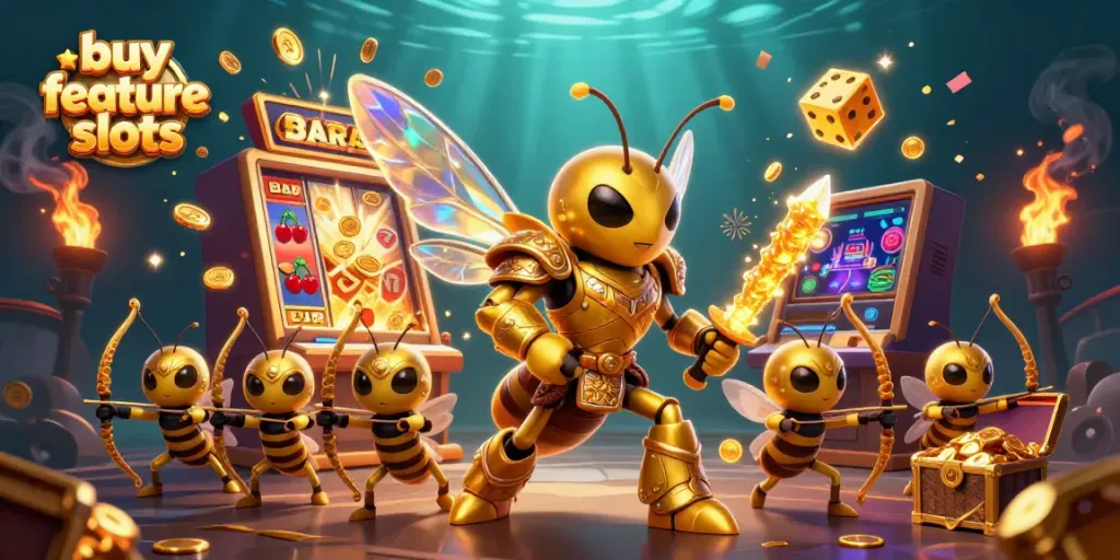 Engage with buy feature slots in a vibrant 3D casino scene bursting with rewards and excitement.