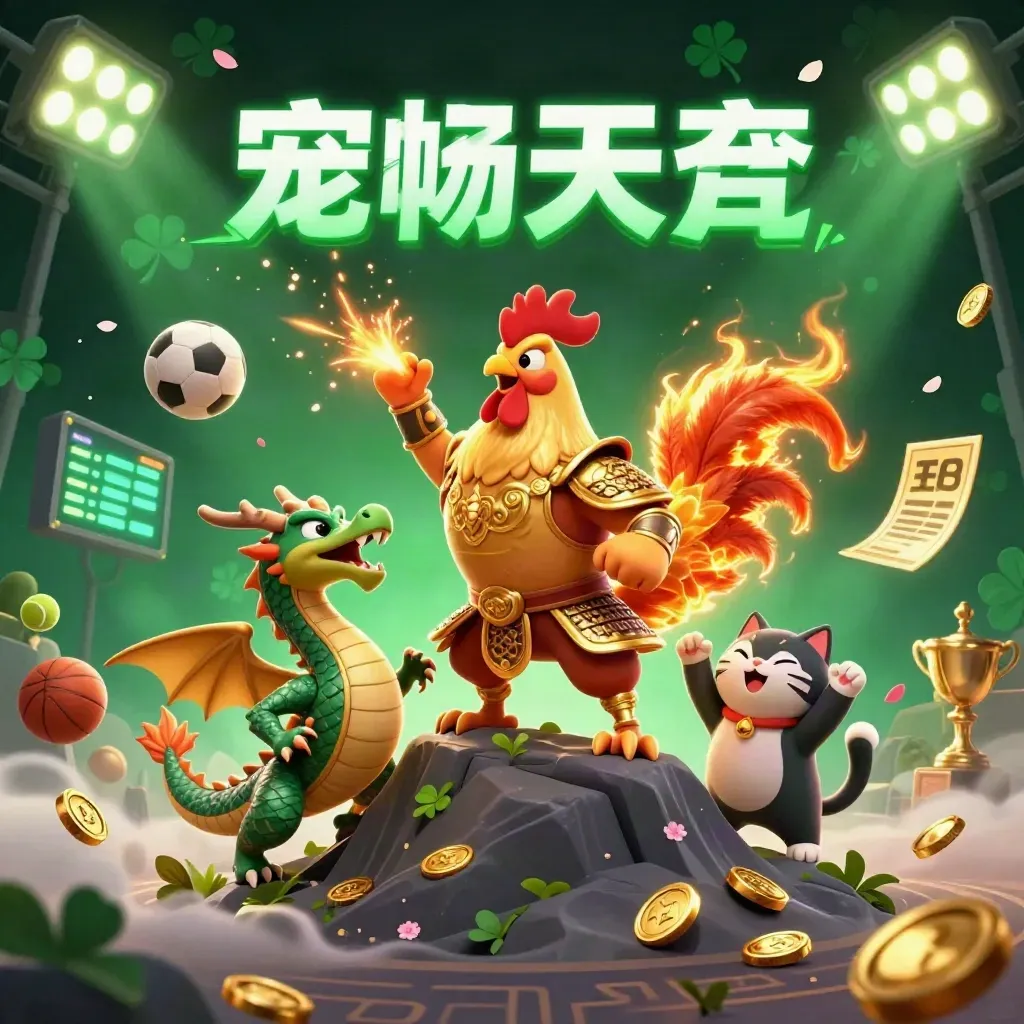 Rooster samurai, spark-breathing hatchling, and cheering fortune-cat amid casino sports bursts