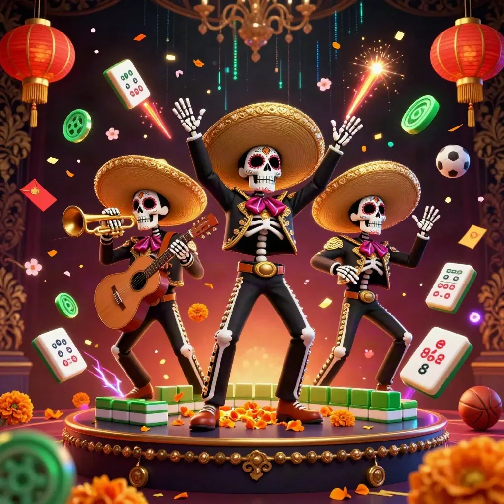 Skeleton mariachi trio in neon casino chaos with gold accents, petals, coins, lanterns, and sports props