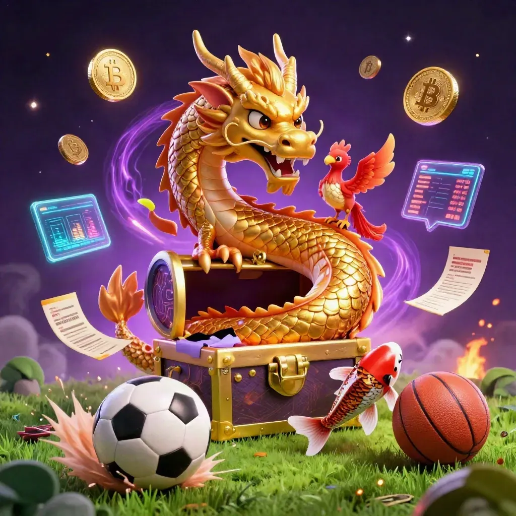 Golden dragon and phoenix around a chest as a soccer ball blasts through turf and neon casino effects.