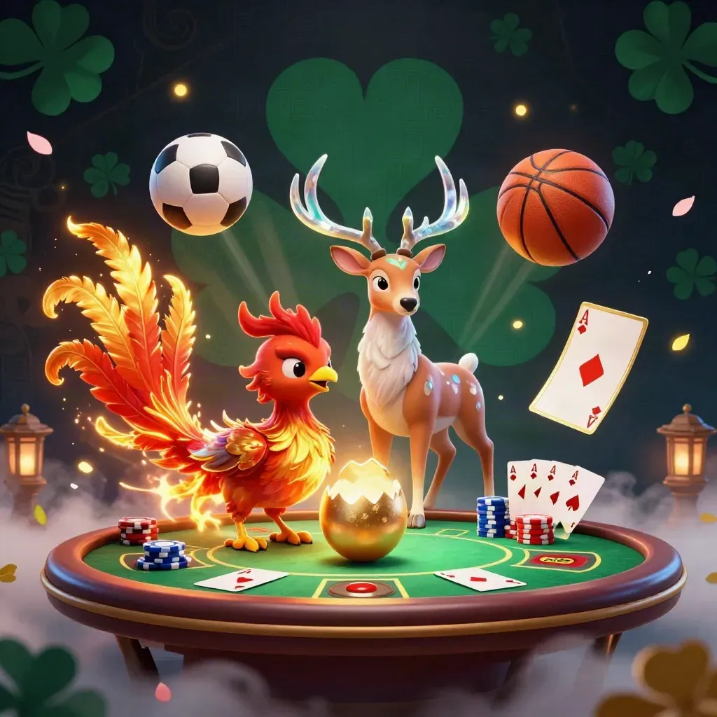 Phoenix, stag, chips, and balls explode in a luxe neon casino scene.