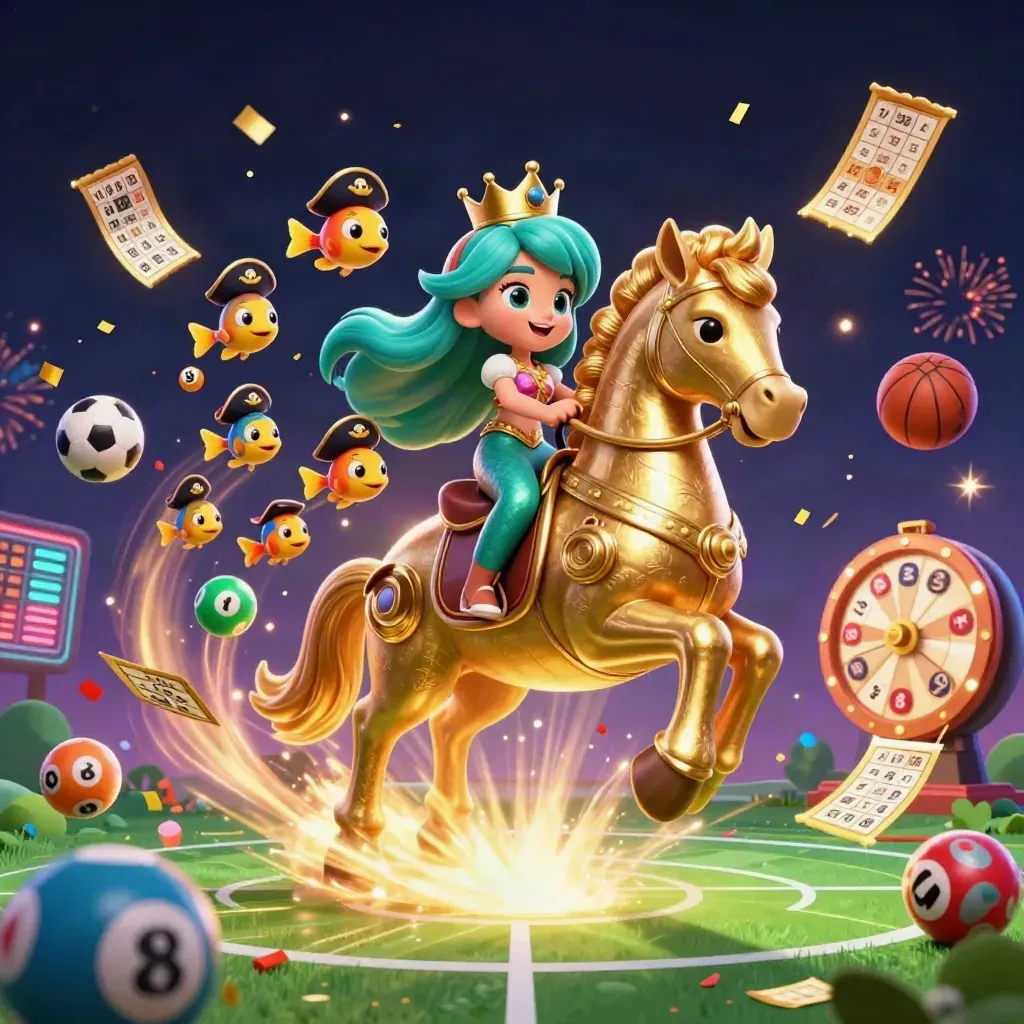 Mermaid princess on a seahorse amid casino balls, tickets, fireworks, neon grid