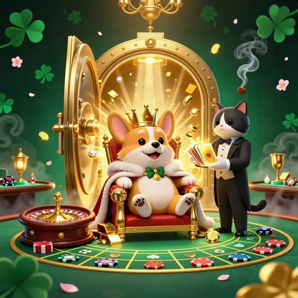 Royal corgi king and cat butler amid vault light, gold bars, roulette spin, emerald casino fog