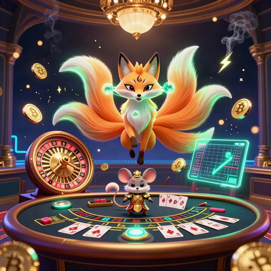 Neon fox spirit and samurai mouse amid casino cards, coins, and glowing jackpot effects.