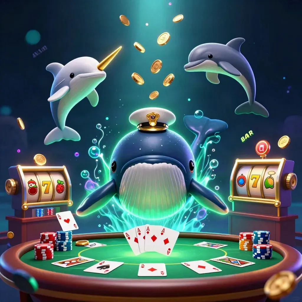 Whale captain, narwhal, and dolphins burst through coins amid glowing casino chips and cards.