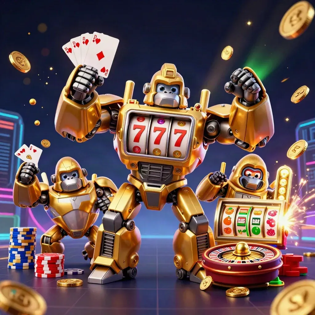 Golden gorilla mech with monkey pilot, coins, gems, roulette wheel and chips bursting in neon-green casino light.