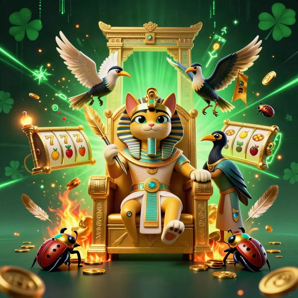 Pharaoh cat on golden throne with ibis scribe, scarab wings, coins, neon casino effects