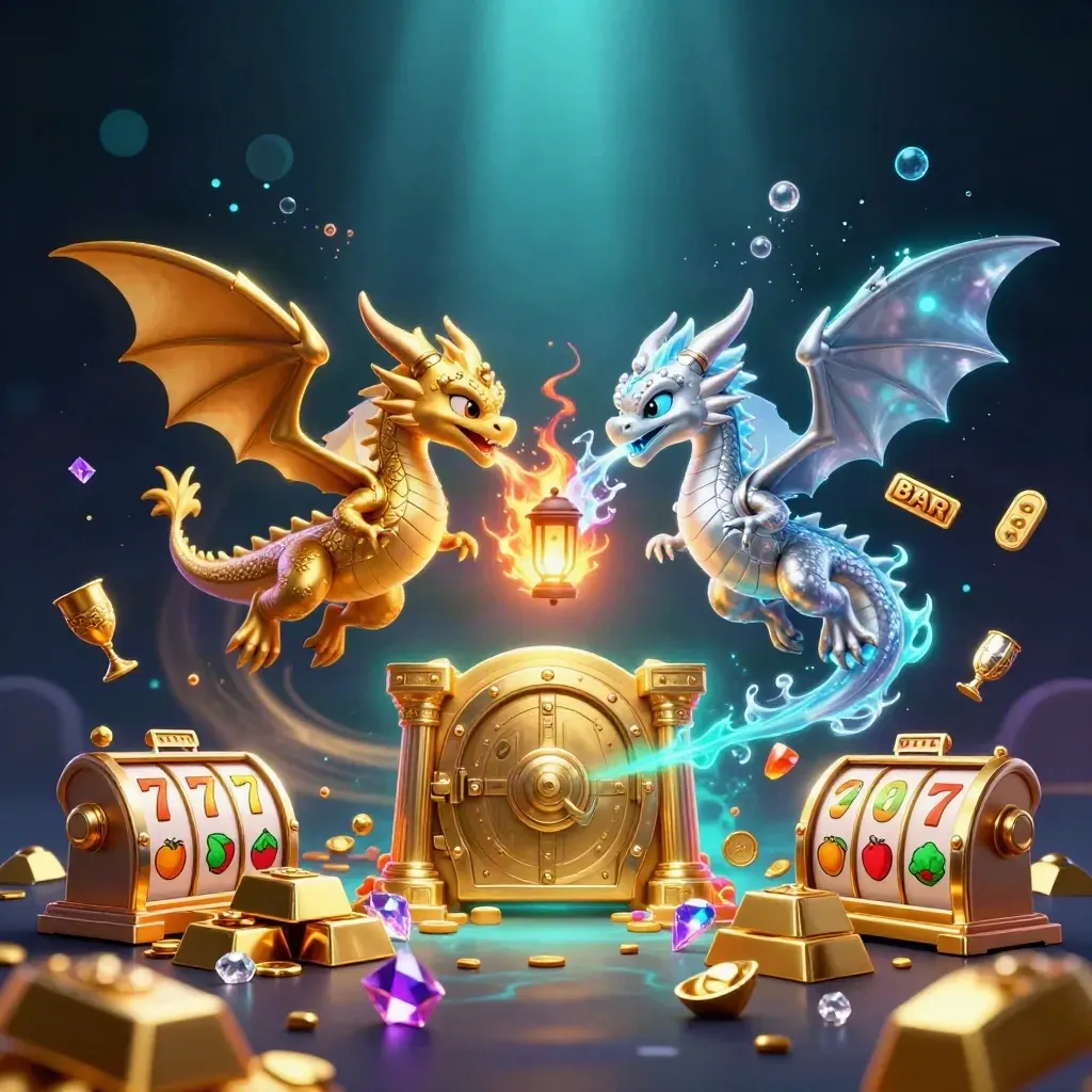 Gold and silver dragons swirl around a lantern spirit as treasure bursts in a dark neon vault.