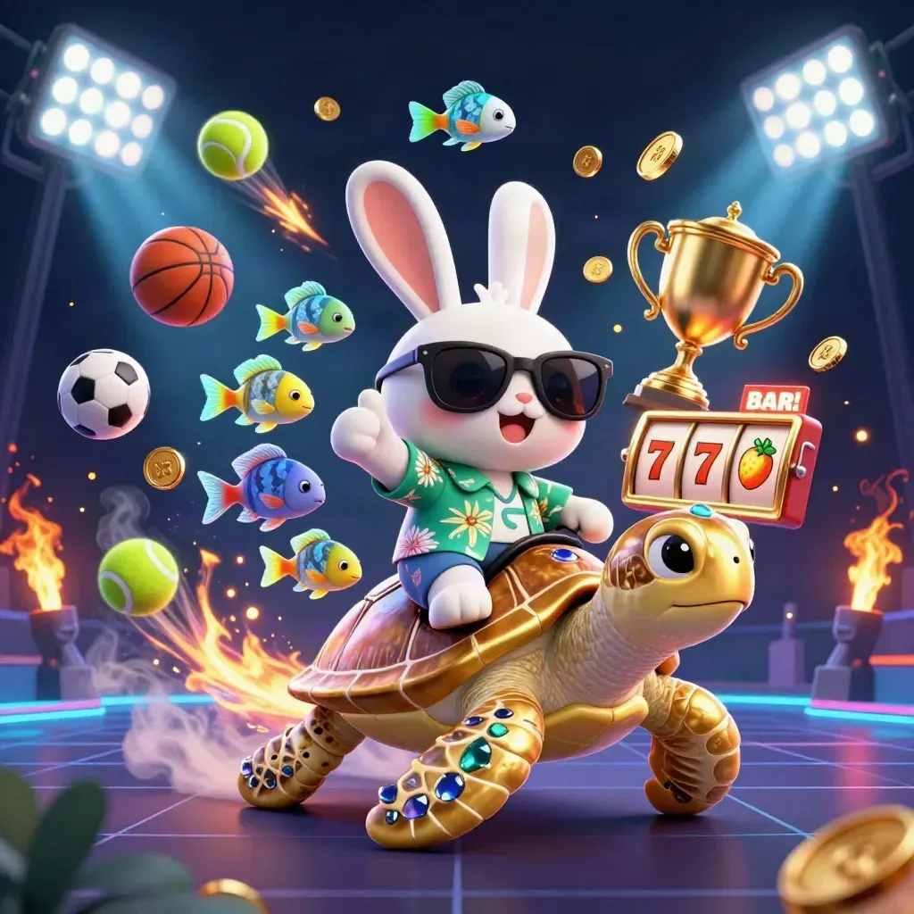 Lucky rabbit rides gem-shell sea turtle amid sports balls, coins, reels, neon casino lights.