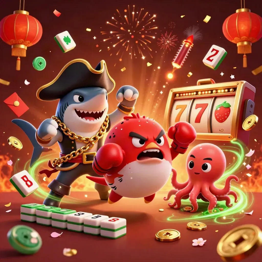 Shark pirate, boxing pufferfish, and juggling octopus amid casino treasure bursts.