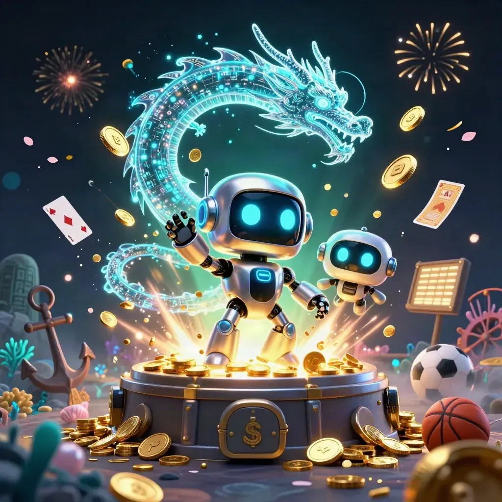 Cyberpunk robot, hologram dragon, and drone in a treasure cove with coins, coral, sports icons, and fireworks.